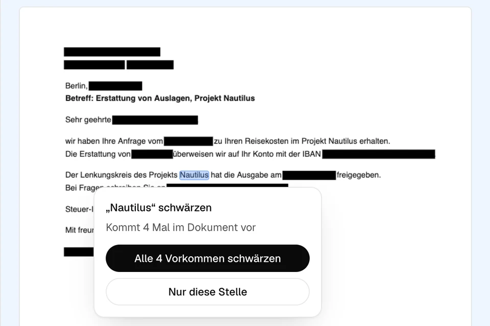Das Wort Nautilus im Brief markiert, mit einer Blase Kommt 4 Mal im Dokument vor und zwei Schaltflächen: Alle 4 Vorkommen schwärzen und Nur diese Stelle