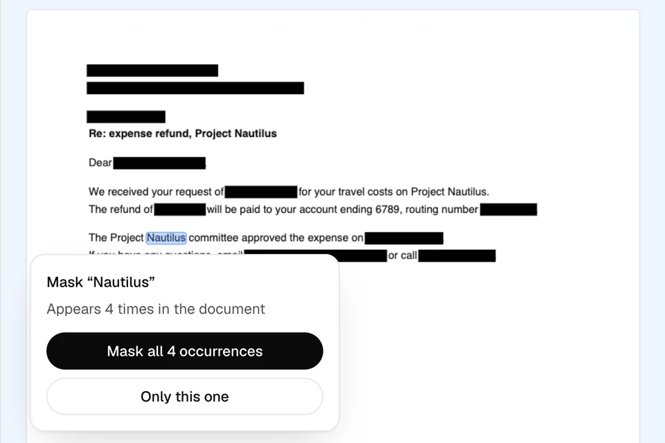 The word Nautilus highlighted in the letter, with a bubble reading Appears 4 times in the document and two buttons: Mask all 4 occurrences and Only this one