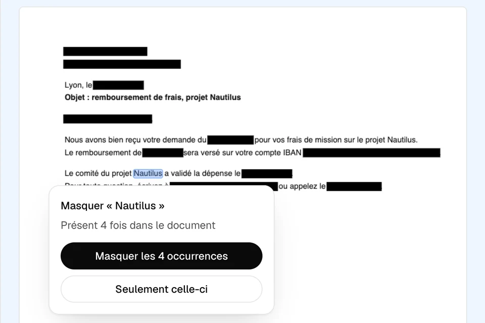 Le mot Nautilus surligné dans le courrier, avec une bulle Présent 4 fois dans le document et deux boutons : Masquer les 4 occurrences et Seulement celle-ci