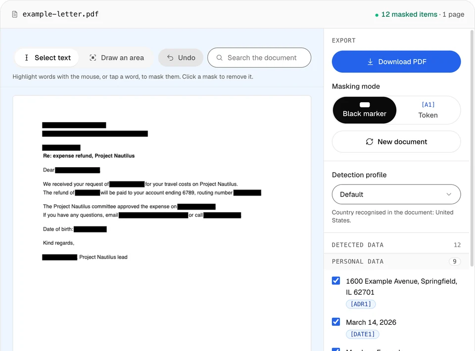 The analysed letter with black bars over the detected values, 12 masked items and 1 page in the file bar, the Export panel with Download PDF and the Detected data list