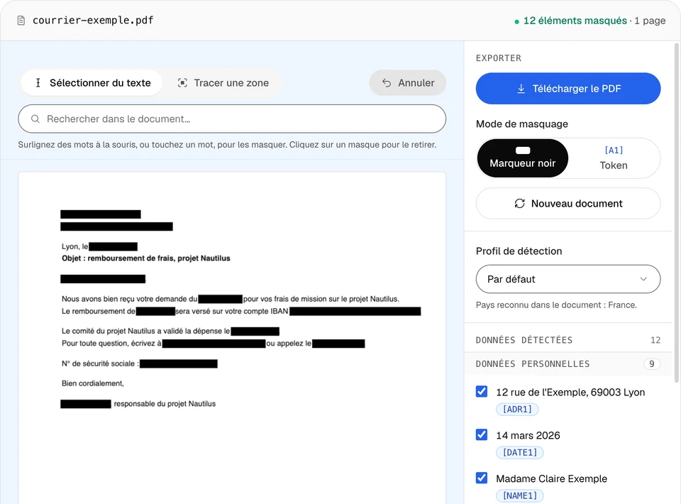 Le courrier analysé avec des barres noires sur les valeurs détectées, 12 éléments masqués et 1 page dans la barre du fichier, le panneau Exporter et la liste Données détectées