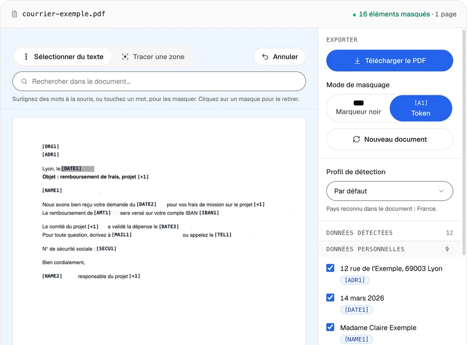 Le même courrier en mode Token : des étiquettes comme [NAME1], [IBAN1] et [+1] remplacent les valeurs, et la barre du fichier indique 16 éléments masqués