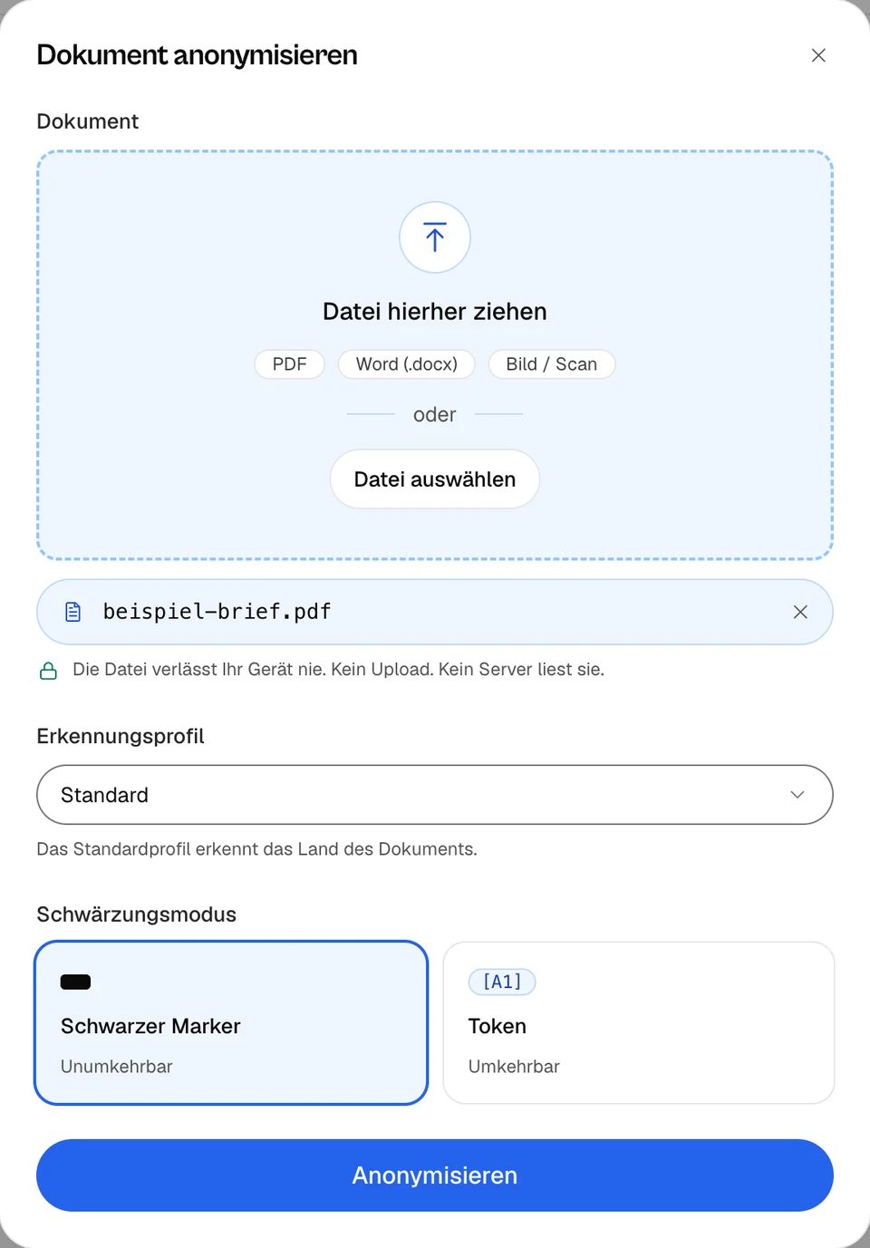 Fenster Dokument anonymisieren mit gewählter Datei beispiel-brief.pdf, Profil Standard, Schwarzer Marker gewählt, Token-Karte und Schaltfläche Anonymisieren