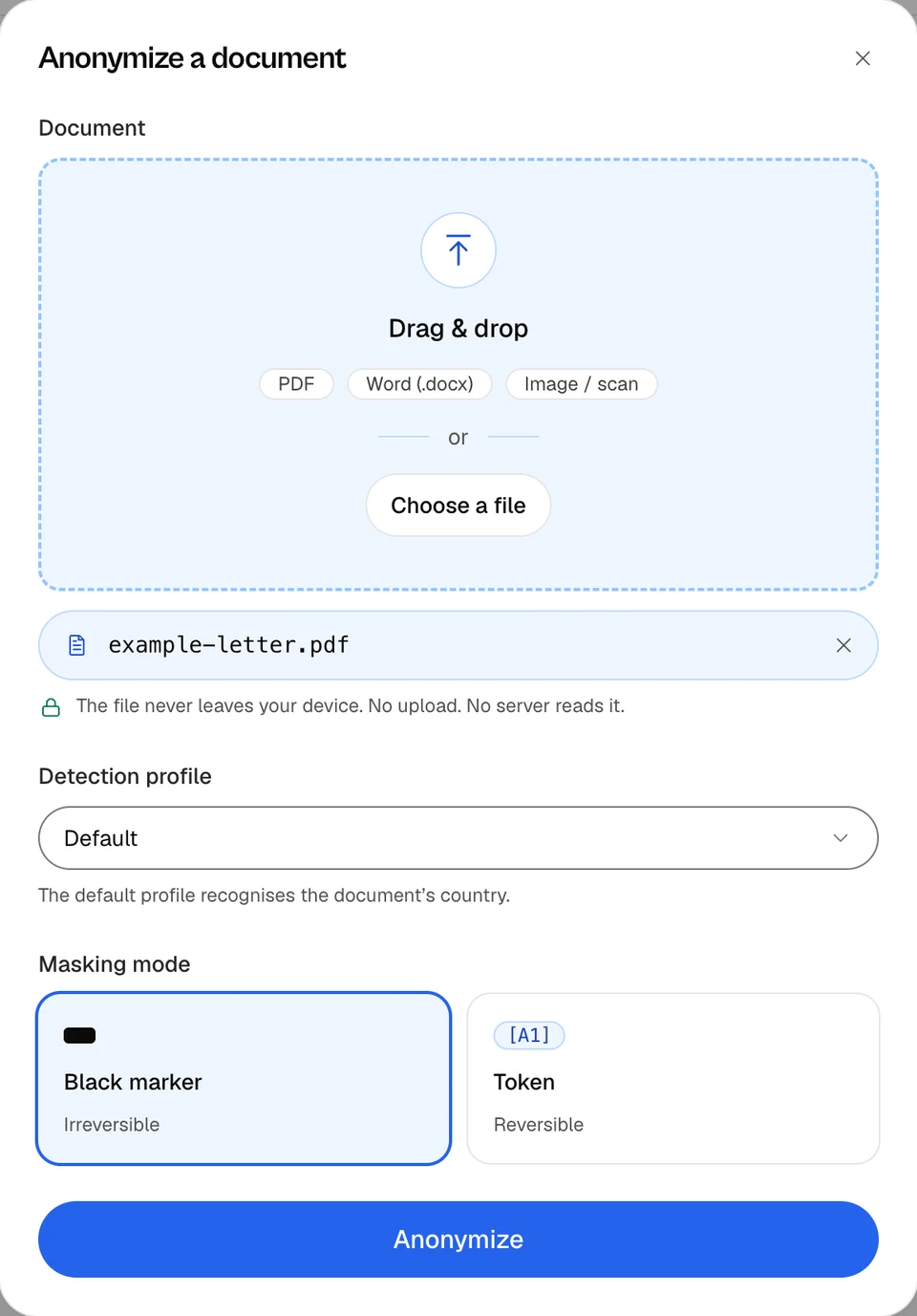 Upload window titled Anonymize a document, with example-letter.pdf chosen, the Default profile, Black marker selected, a Token card and the Anonymize button