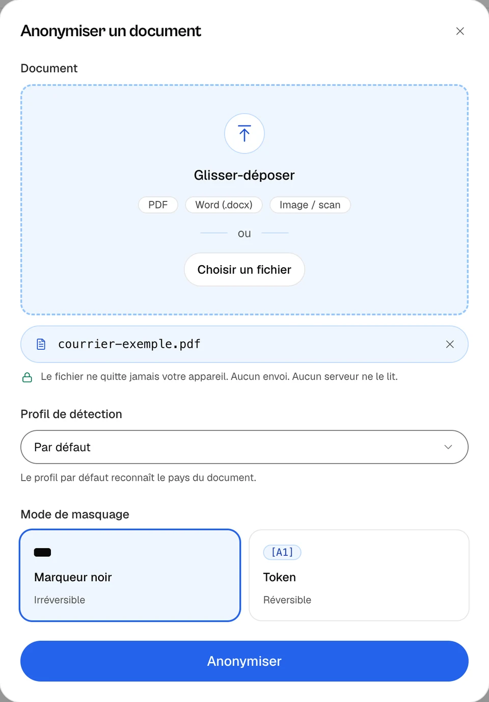 Fenêtre Anonymiser un document avec courrier-exemple.pdf choisi, le profil Par défaut, le Marqueur noir sélectionné, la carte Token et le bouton Anonymiser